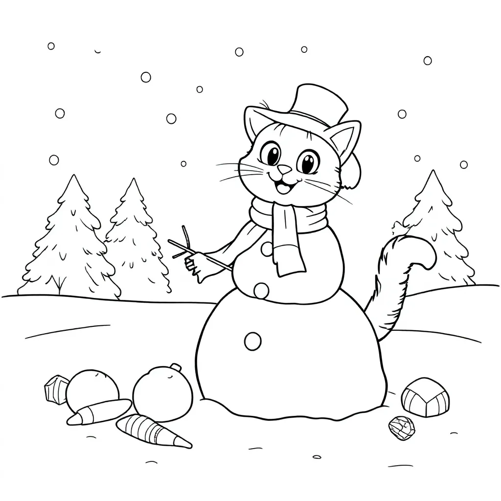 Kat Maakt Een Sneeuwpop coloring page for children