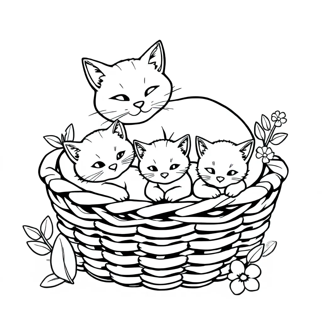 Kat met 2 kittens in mand coloring page for children