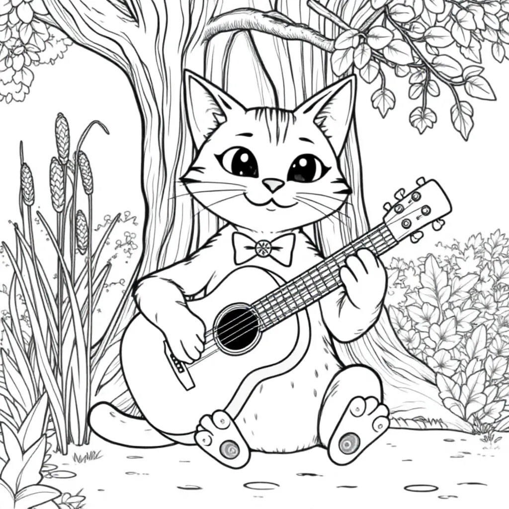 Kat met een gitaar kleurplaat voor kinderen