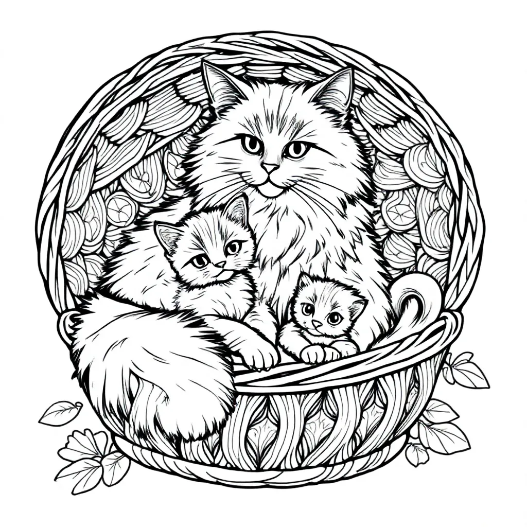Kat Met Een Kitten In Een Mandje coloring page for children