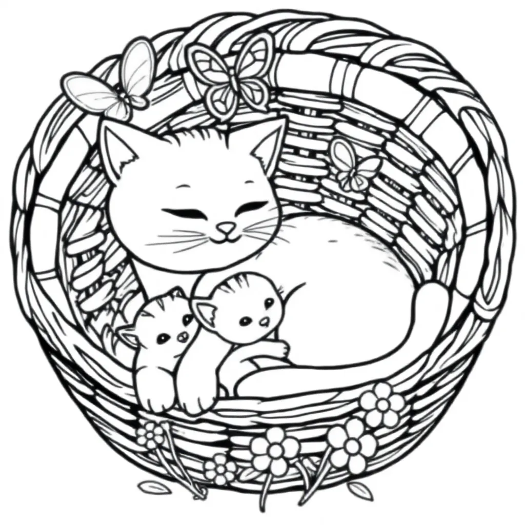 Kat met kitten en kitten in mand coloring page for children