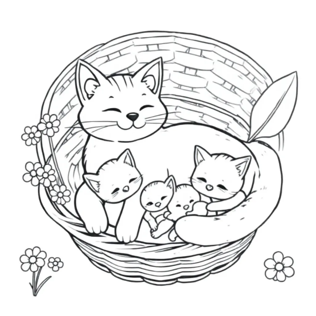 Kat met kitten en kitten in mand coloring page for children