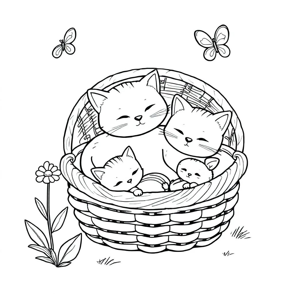 Kat met kitten en kitten in mand coloring page for children