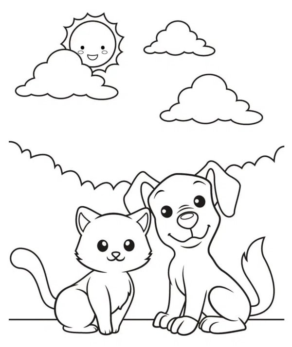 Kat Puppy Zitten Zon coloring page for children