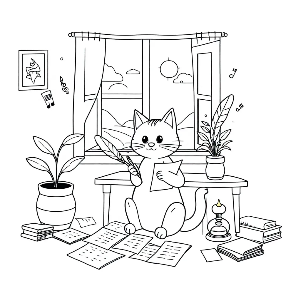 Kat Schrijft Een Gedicht coloring page for children