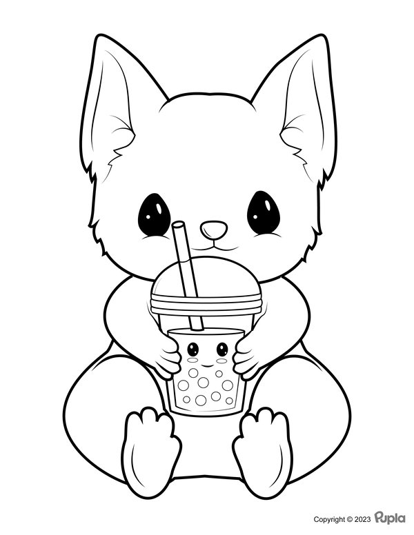 Katze hält einen Bubble Tea coloring page for children