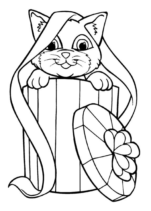 Plantilla de colorear Gato en caja de regalo