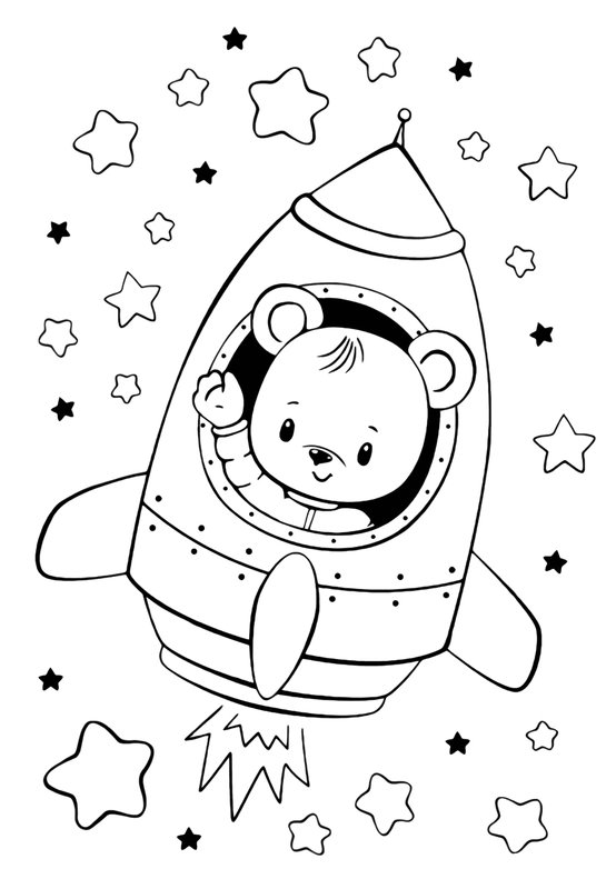 Kawaii Bear Rocket coloring page for children