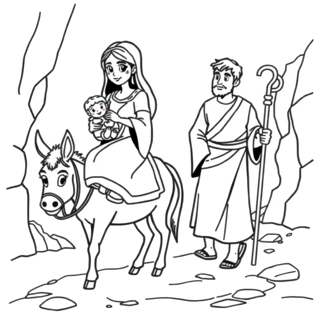 Kerst Bijbels Gezin Ezel Nativity coloring page for children