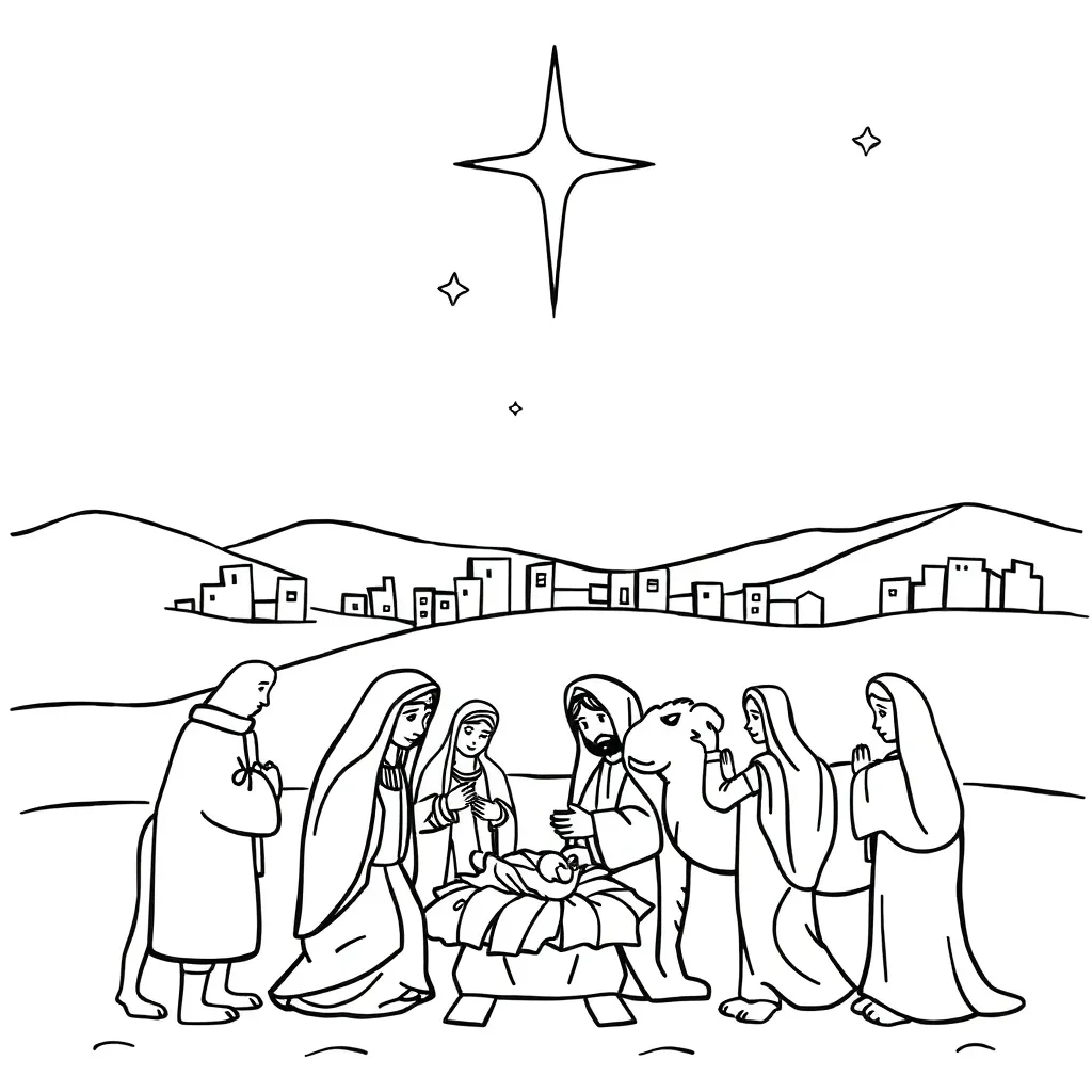 Kerst Bijbels Verhaal Cartoon Stijl Nachtelijke Scene Educatief coloring page for children