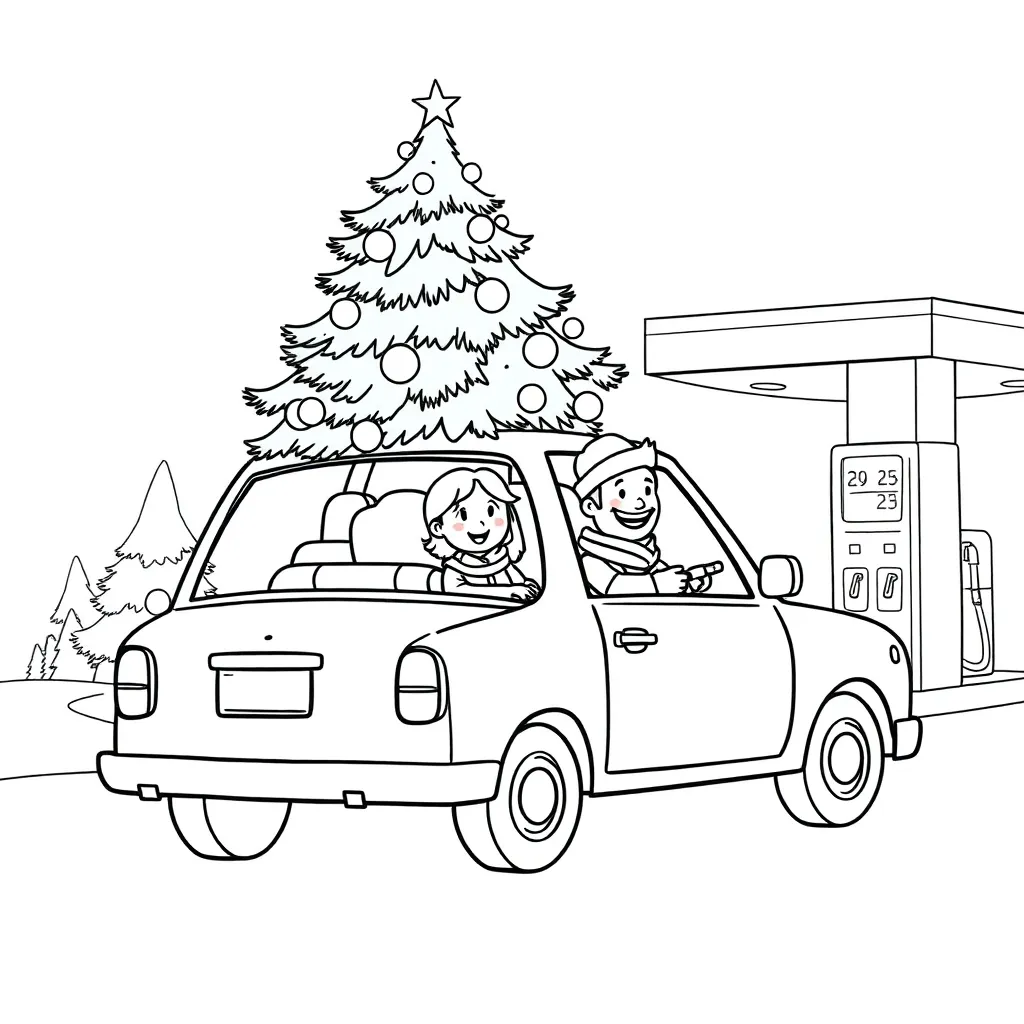 Kerst Familie Auto Boom Tankstation coloring page for children