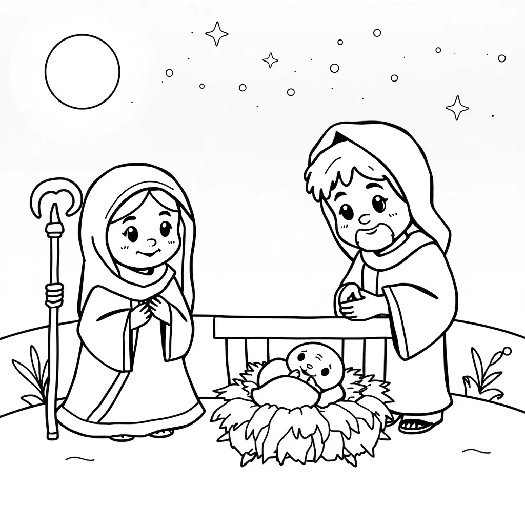 Kerst Geboorte Jezus Kerststal Cartoonachtig Educatief coloring page for children