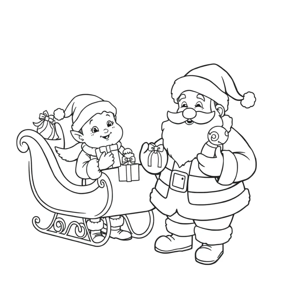 Kerst Kerstman Elf Cadeaus Winterlandschap coloring page for children