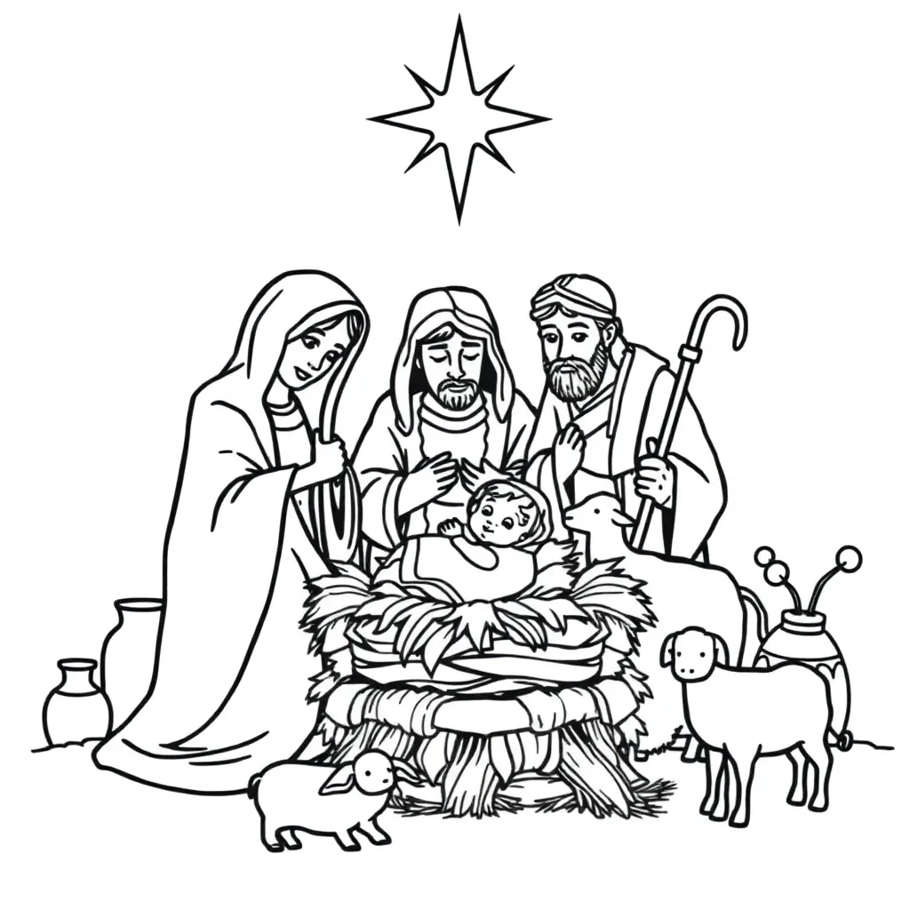 Kerst Nativity Scene Traditioneel Gestileerd Educatief coloring page for children