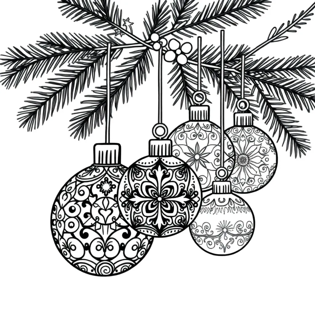 Kerst Ornamenten Dennenappels Gedetailleerd Uitdagend coloring page for children