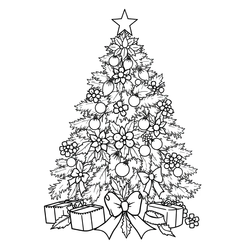 Kerstboom Met Hulst En Strikken Kleurplaat coloring page for children