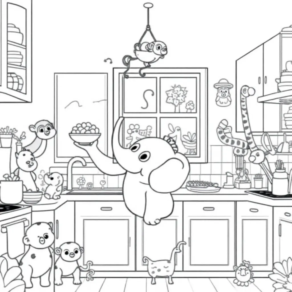 Keuken Met Dierentuindieren coloring page for children