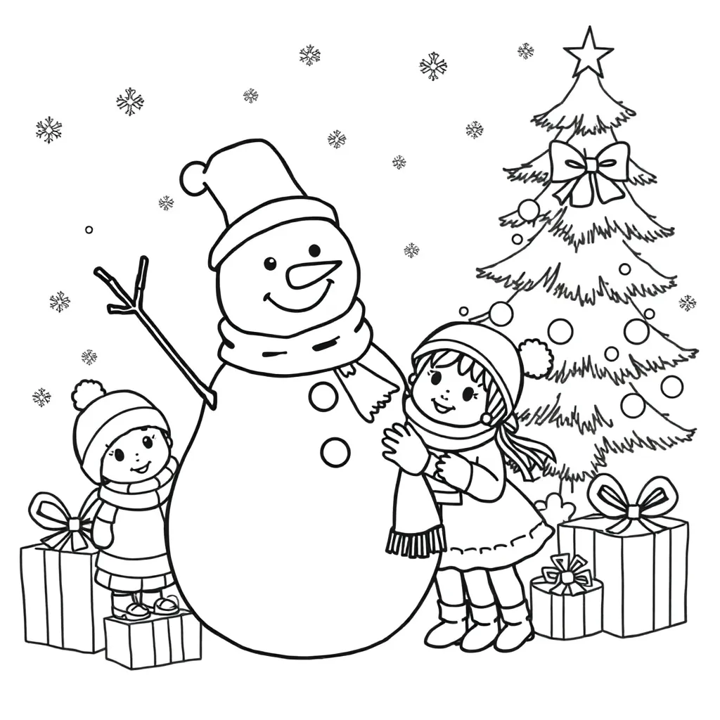 Kinderen En Sneeuwman coloring page for children