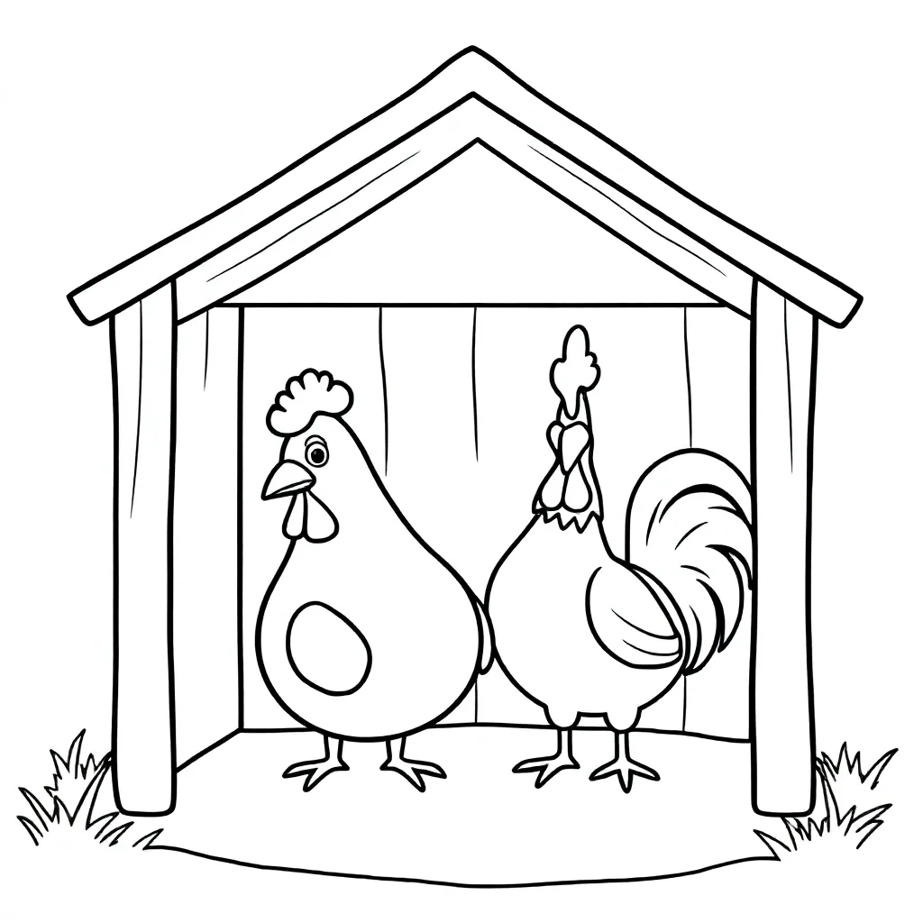 chicken and rooster in chicken coop