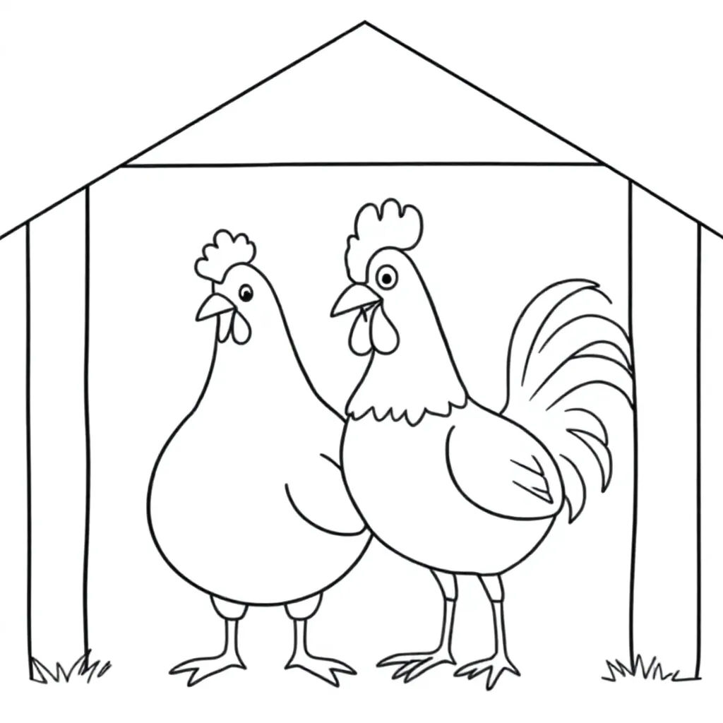 chicken and rooster in chicken coop