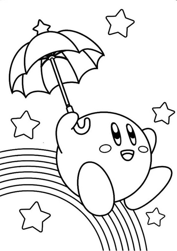 Kirby avec un Parapluie sur l'arc-en-ciel coloring page for children