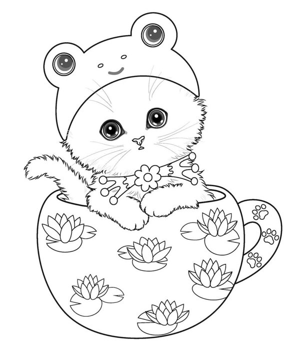 Kitten Cup Tea coloring page for children
