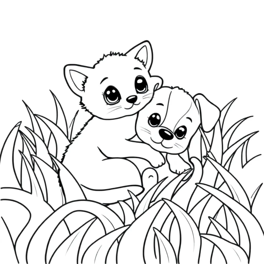 Kitten En Een Puppy Liggen In Het Gras coloring page for children