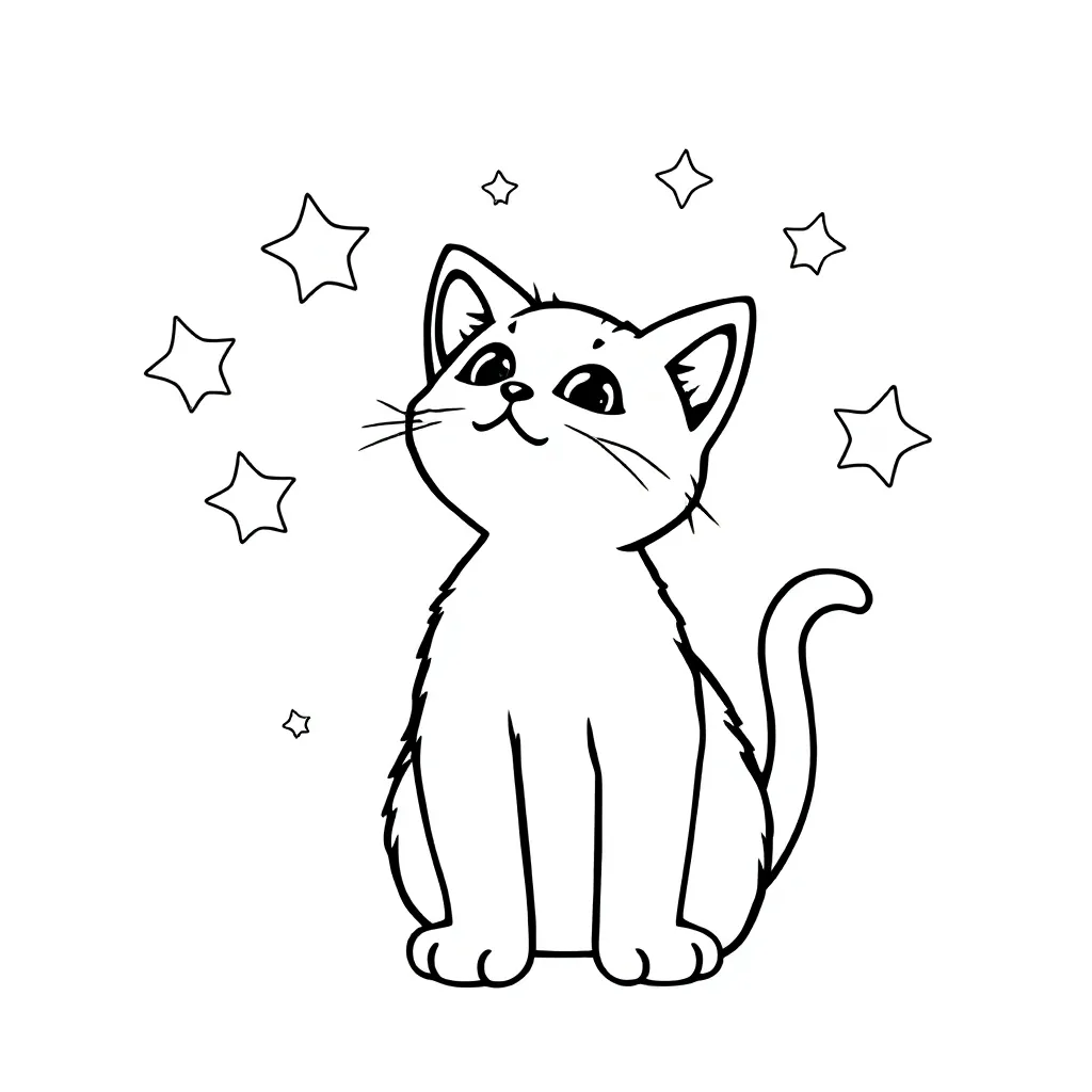 Feuille de coloriage gratuite chaton avec des étoiles de dessin animé dans le ciel Feuille de coloriage pour