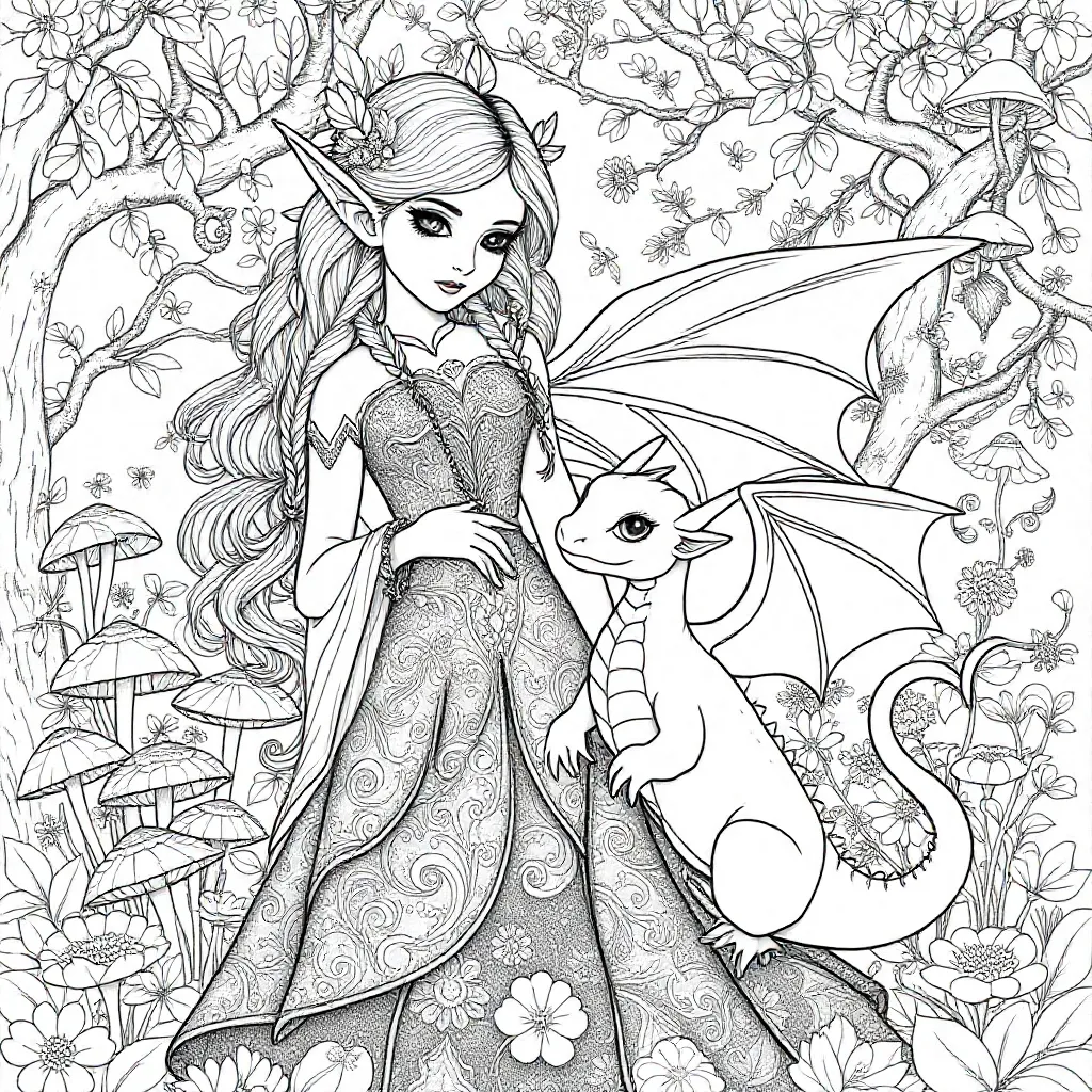 Kleurplaat Anne Stokes Elf Met Schattige Draak coloring page for children