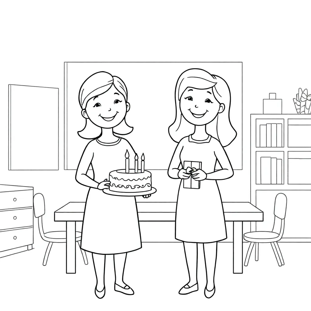 maak een kleurplaat met 2 juffen die jarig zijn en in de kleuterklas kleurplaat voor kinderen