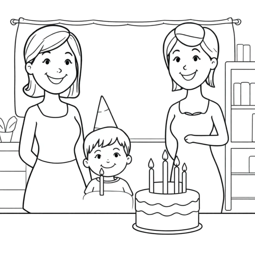 maak een kleurplaat met 2 juffen en 18 kinderen die met hun de verjaardag vieren in de kleuterklas k