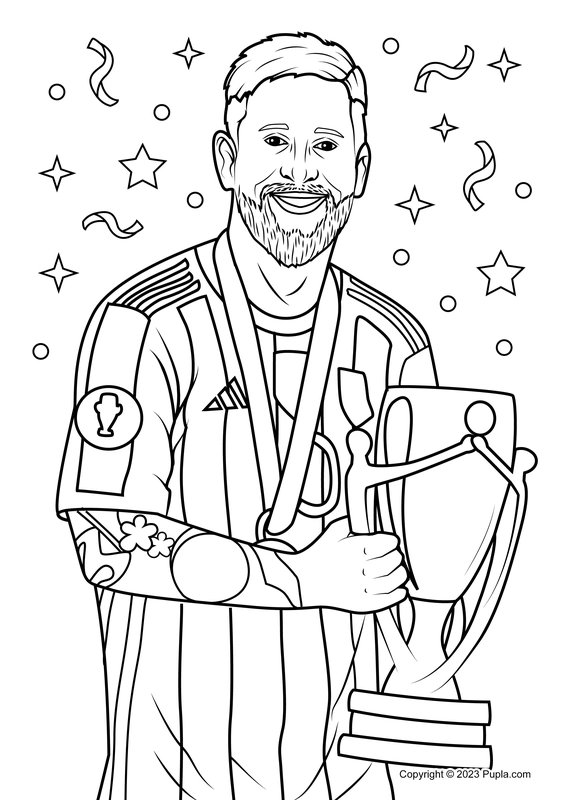 Lionel Messi houdt een beker vast coloring page for children