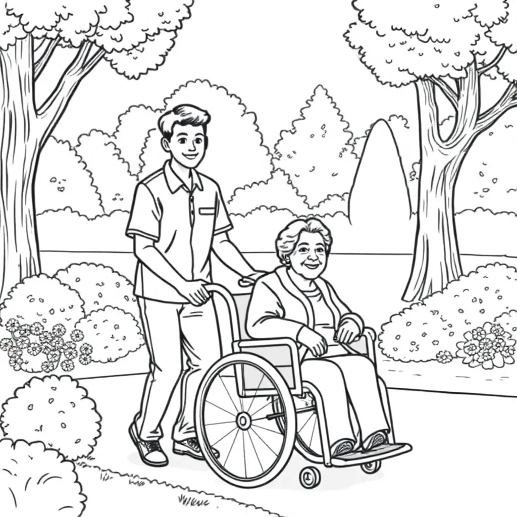 Jongeman Met Vriendelijke Glimlach In Een Zorguniform Duw... coloring page for children