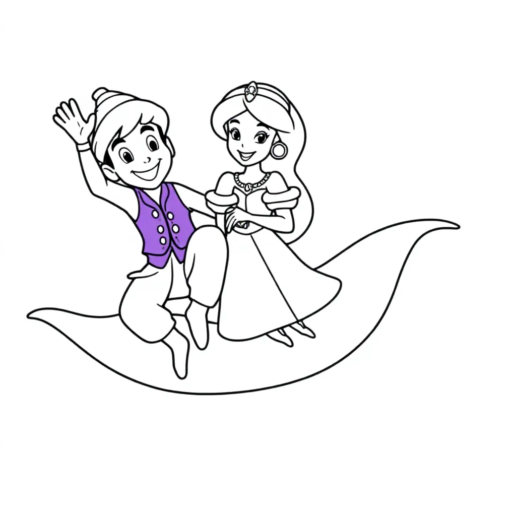 Aladin En Jasmine Op Een Vliegend Tapijt coloring page for children