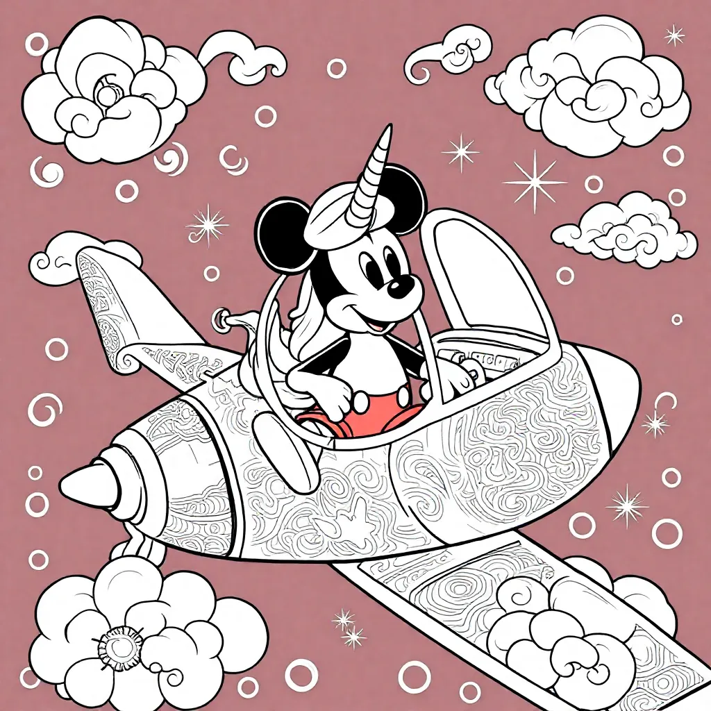 mickey mouse unicorn zitten i vliegtuig kleurplaat voor kinderen