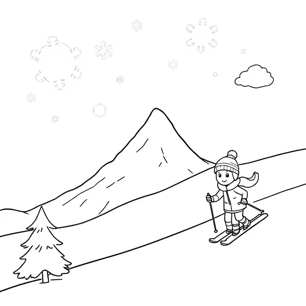 Winterwonderland met een skipiste op een berg met sneeuwvlokken en skieende mensen coloring page for