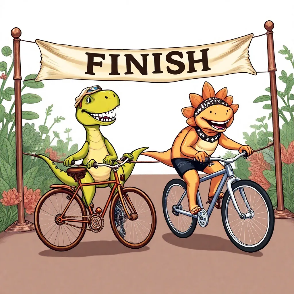 dinos op een fiets aan de finish lijn coloring page for children