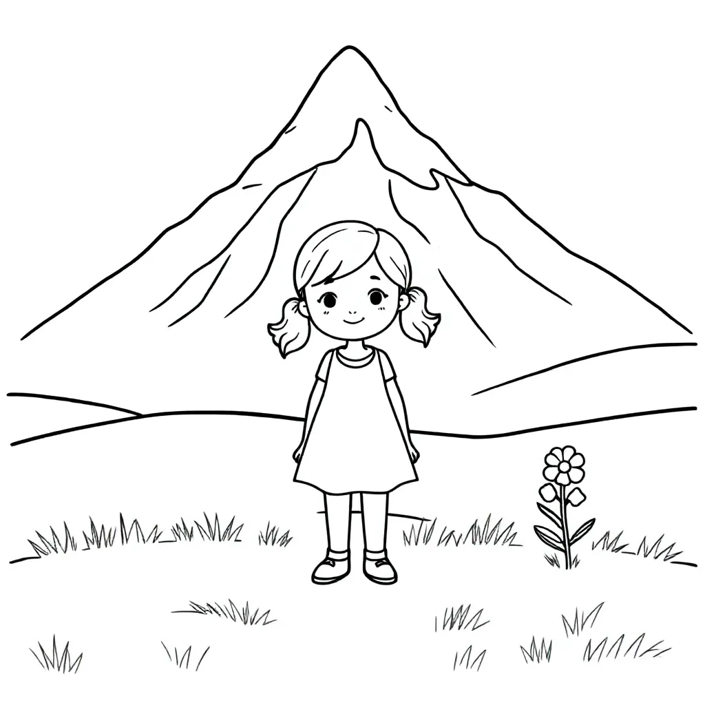 kleines mädchen auf einer alpenwiese und im hintergrund berge mit schnee kleurplaat voor kinderen