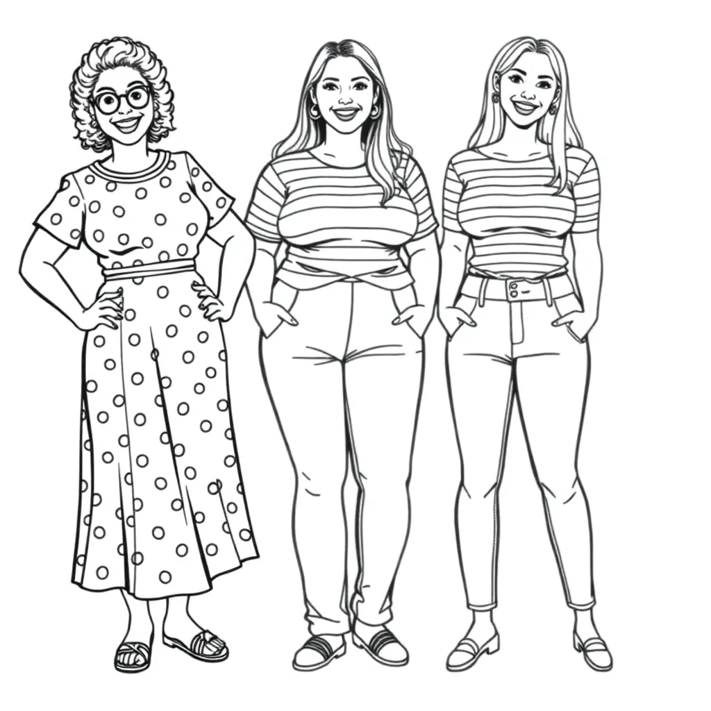 Dicke, Damen, fröhliche, Selbstbewusstsein, Mode-Malvorlage für Kinder