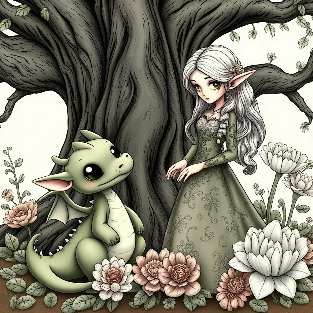 Kleurplaat Schattige Draak En Anne Stokes Elf coloring page for children