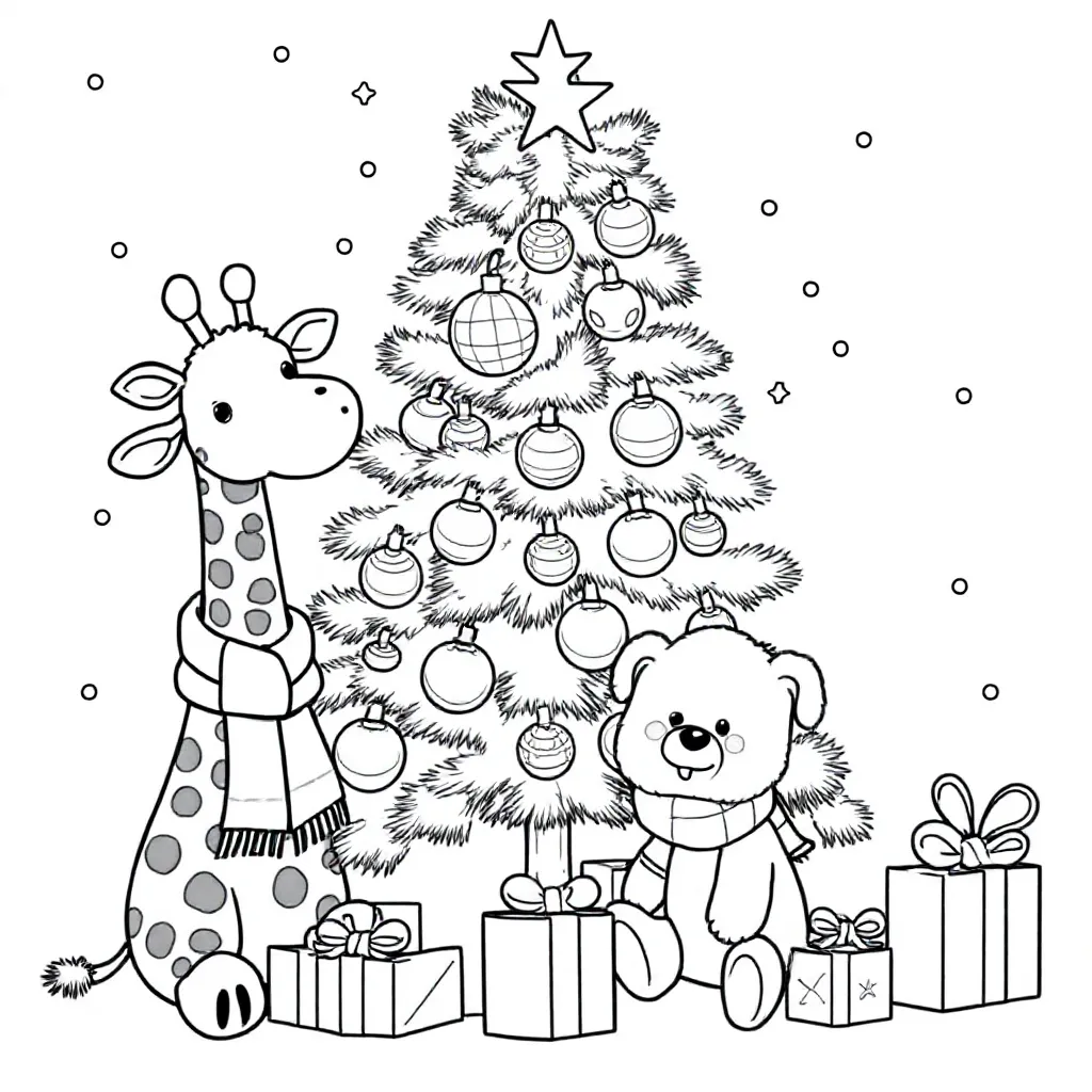 Knuffelgiraf Knuffelbeer Knuffelhond Kerst coloring page for children