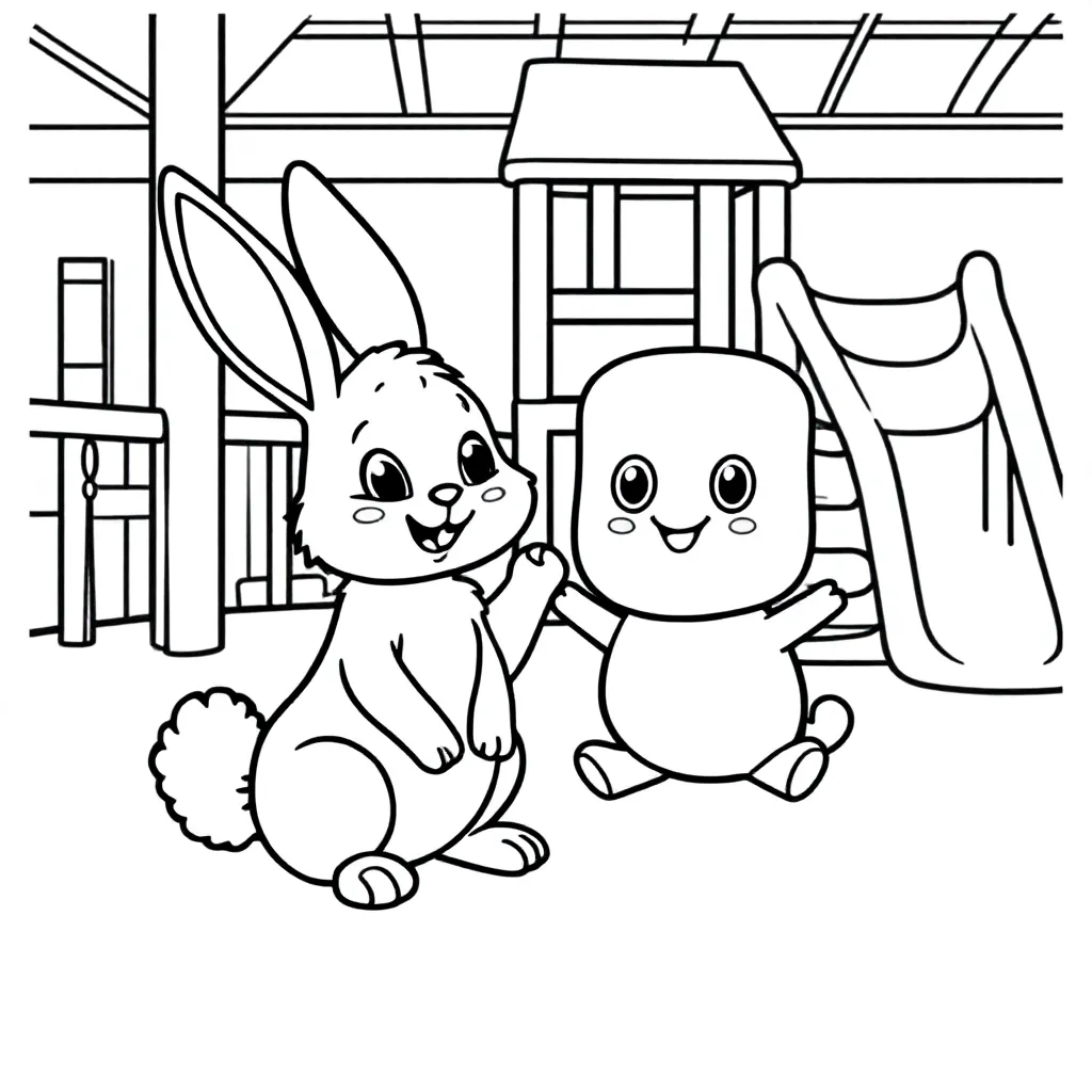konijntje en squismellow in de binnenspeeltuin kleurplaat voor kinderen