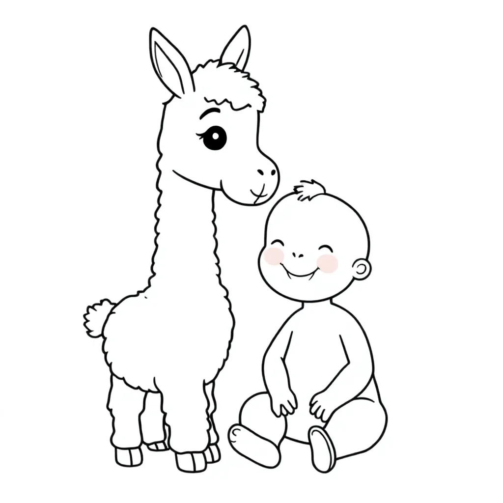 lama, caring for a human baby. coloring page for children