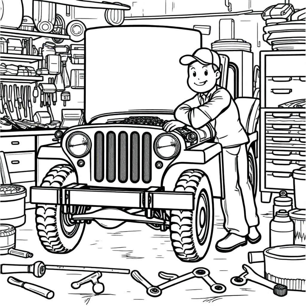 leger willy jeep in werkplaats coloring page for children