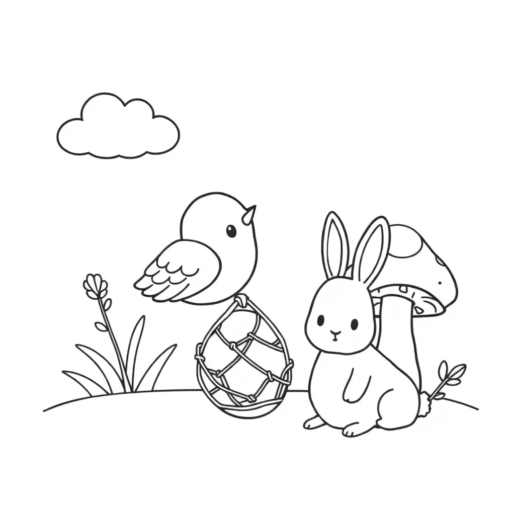 Lente Pasen Natuur Vogel Konijn coloring page for children