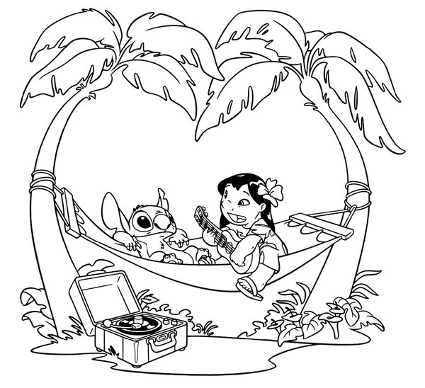 Lilo & Stitch dans un hamac coloring page for children