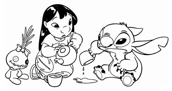 Lilo & Stitch Drinken Thee coloring page for children