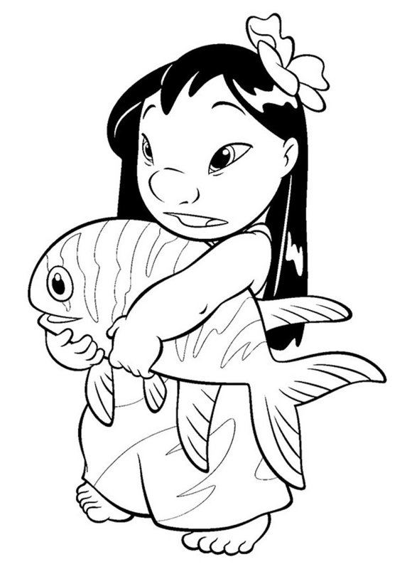 Lilo & Stitch met Vis coloring page for children