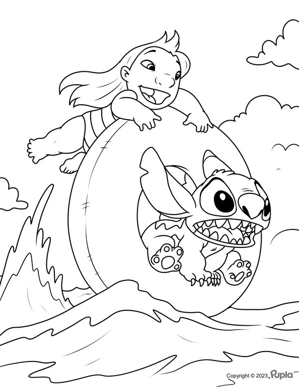 Lilo & Stitch Playing in the Sea coloring page for children