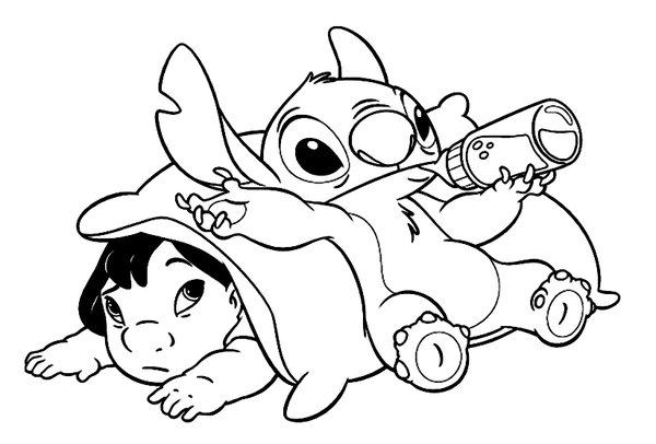 Lilo & Stitch trinken aus der Flasche coloring page for children